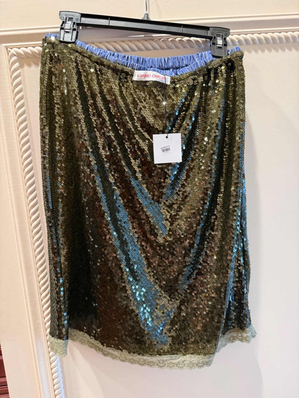 Hand Over Olive Sequin Midi Skirt with Lace Trim